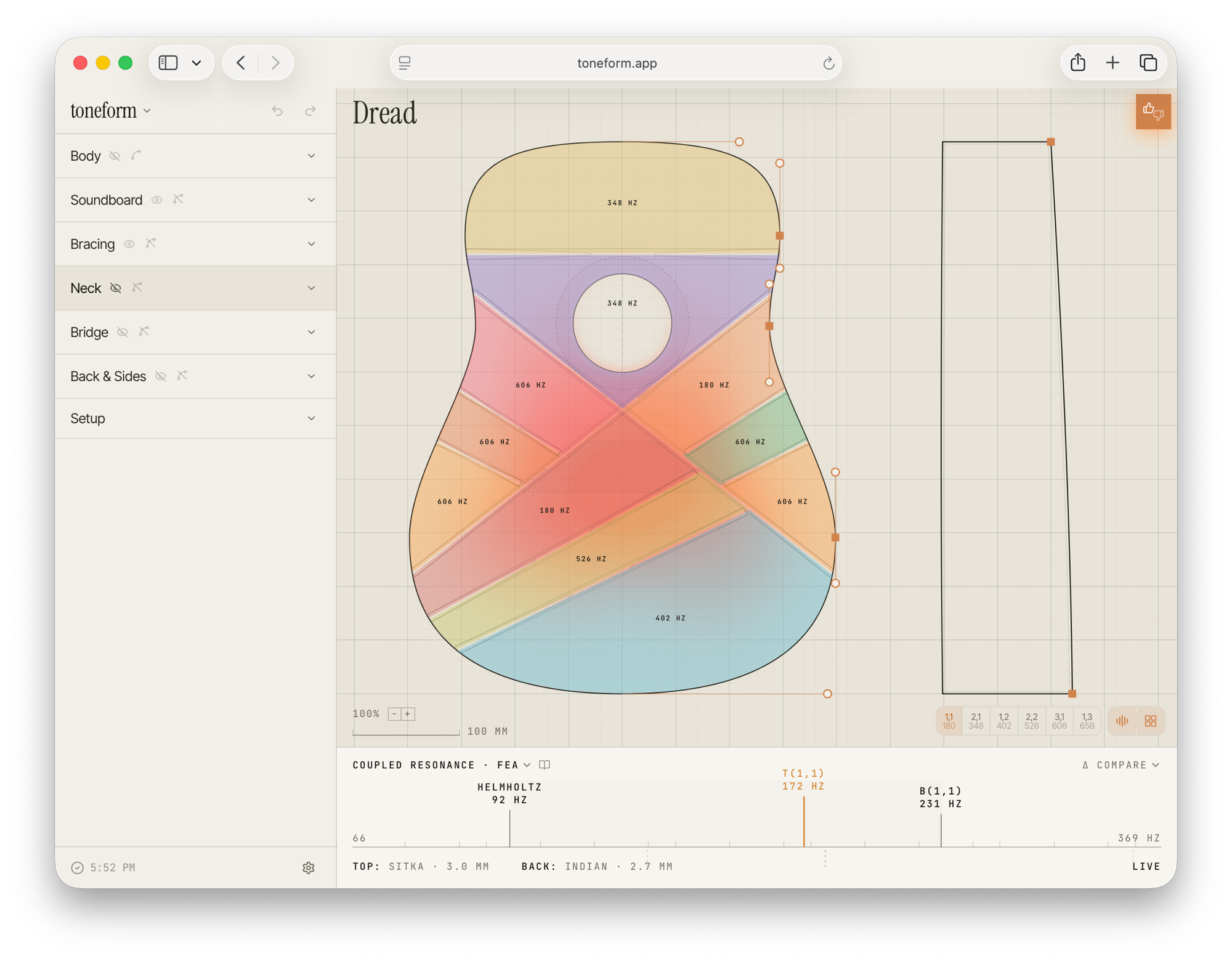 Toneform — guitar design workspace showing body shape editing and resonance analysis